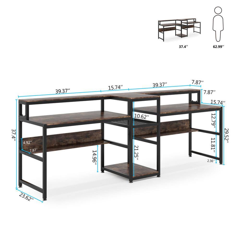 Tribesigns Cassey 94.5 in. Rectangular Brown Engineered Wood Computer Desk with Hutch Shelf for Two Person FFHD-F1279