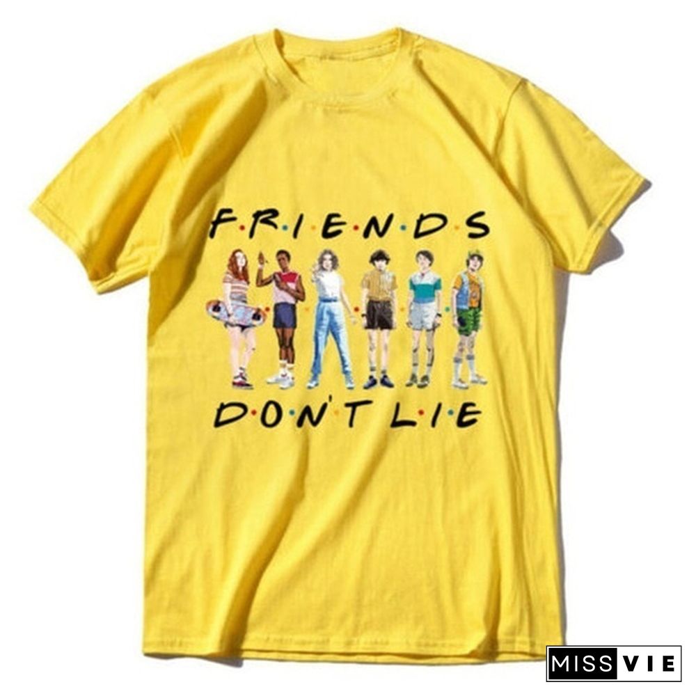 1Pcs Freind Dont Lie Six People Stand Printed T Shirt Stranger Things Letter Print Plus Size T Shirt White Short Sleeve Friends Dont Lie Printing Tees Feme Summe Tops