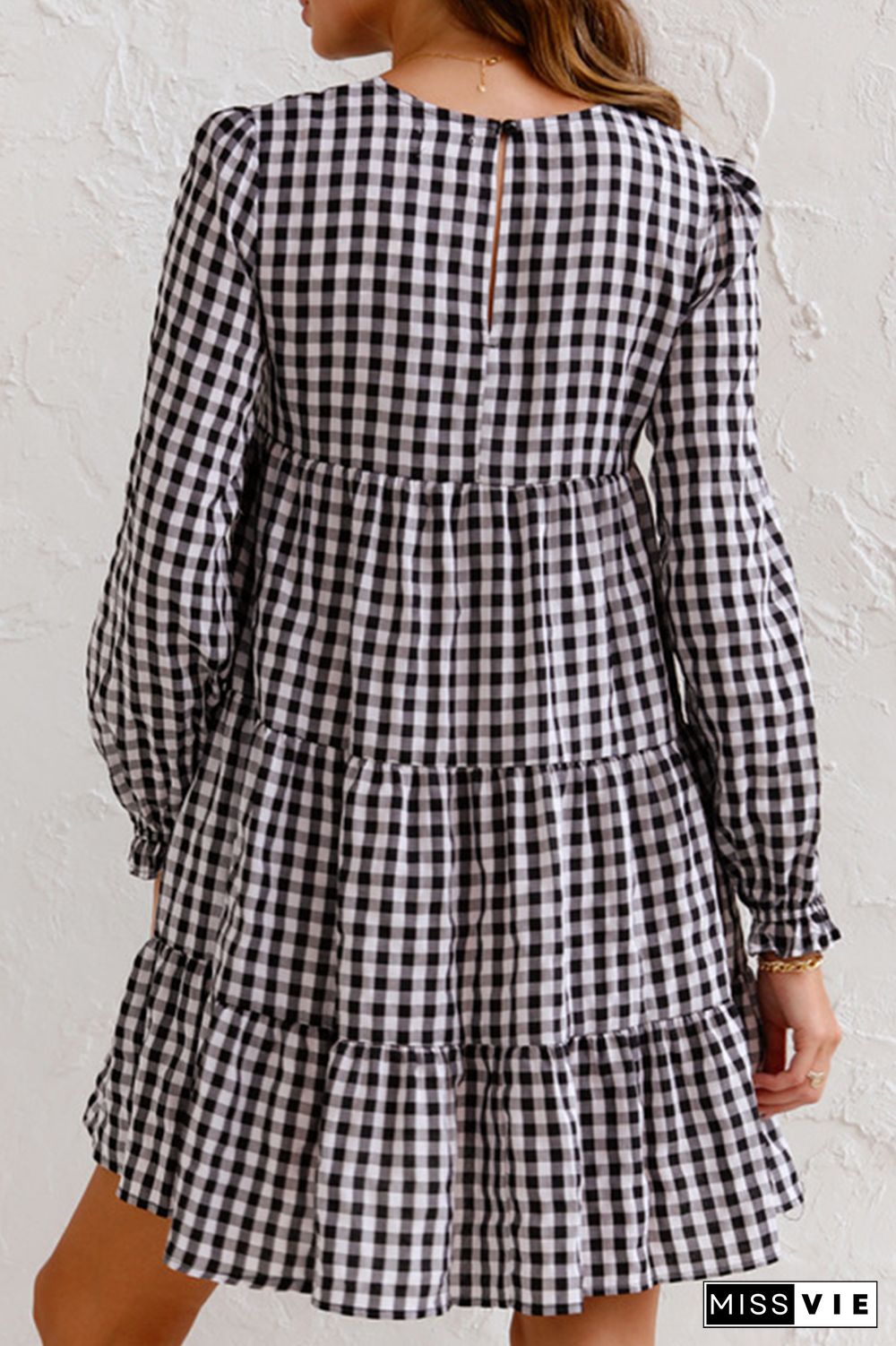 Casual Plaid Split Joint O Neck Cake Skirt Dresses