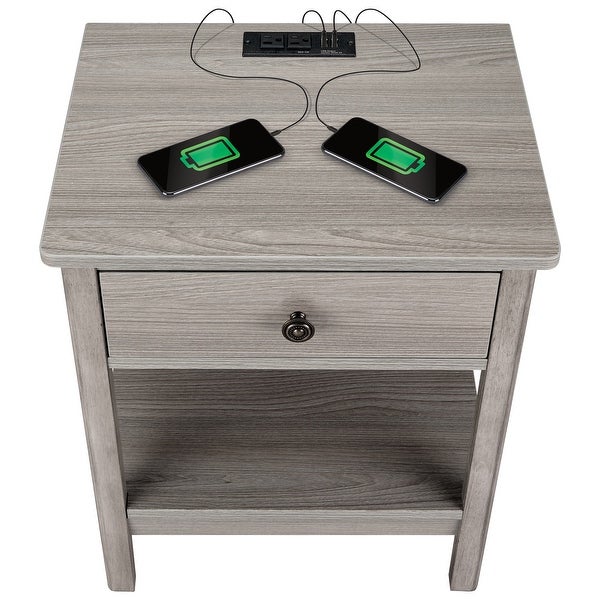 Traditional Rectangular End Table with AC Power and USB Charging Ports， White