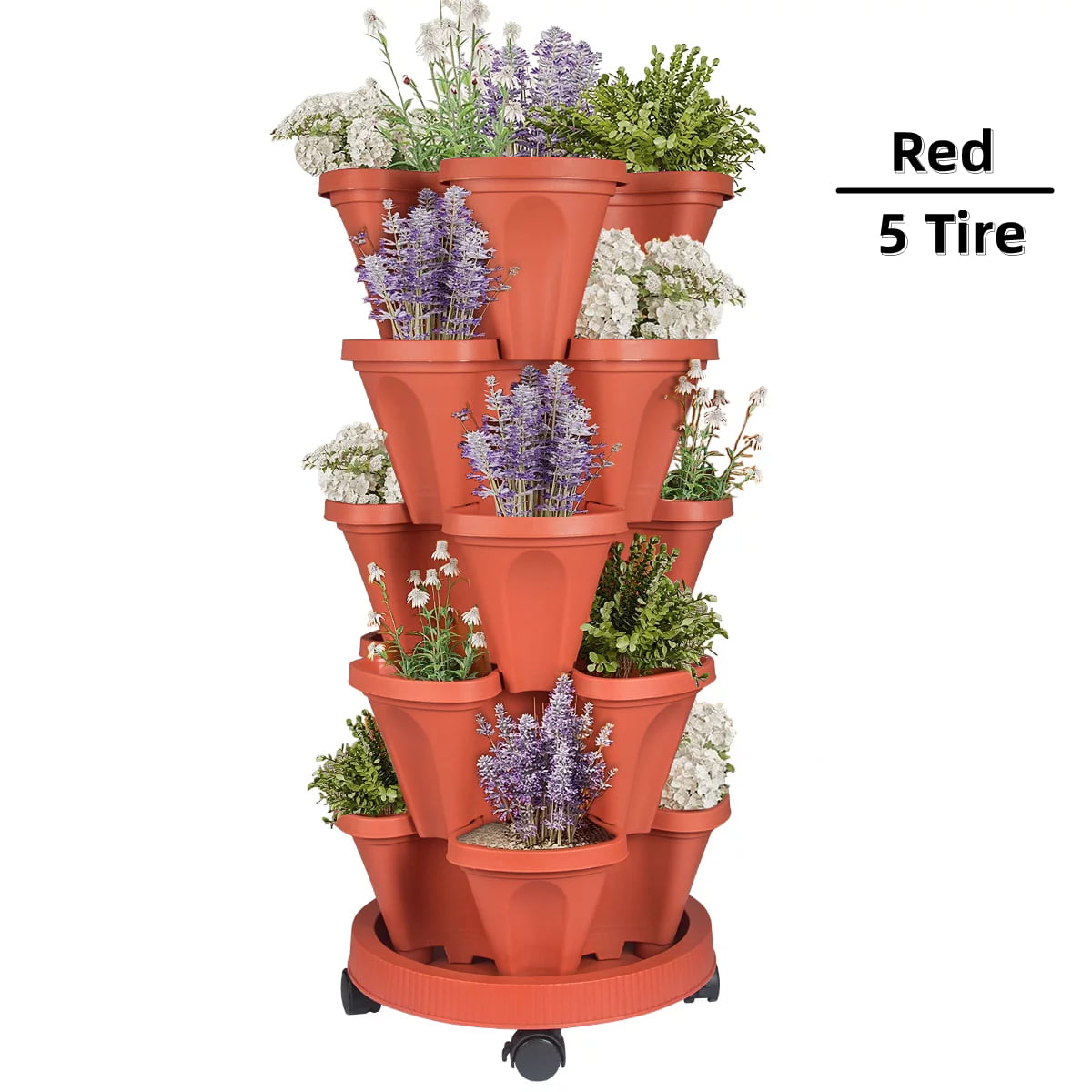 Stackable Planter, 5 Tier Vertical Garden Planter with Movable Wheels and Planters Tools, Tower Garden Planters for Vegetables, Flowers, Herbs, Strawberries Planting, Indoor Outdoor Gardening Pots