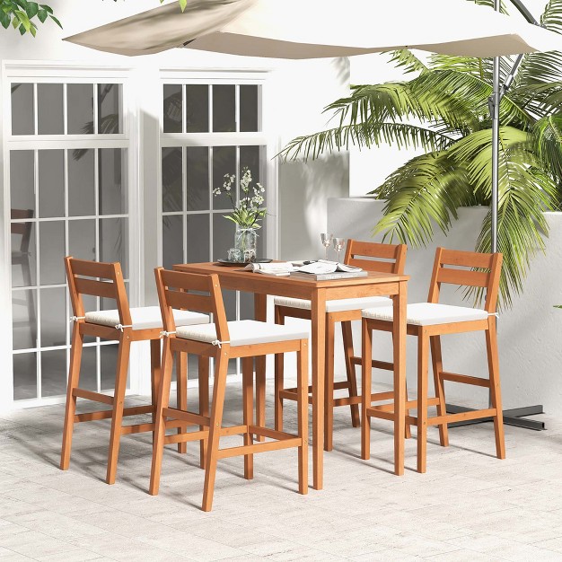 Costway 5 Pcs Patio Eucalyptus Wood Bar Set Bar Height Dining Table amp 4 Cushioned Chairs