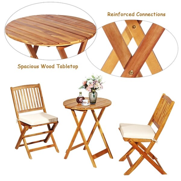 Costway 3PCS Patio Folding Wooden Bistro Set Cushioned Chair