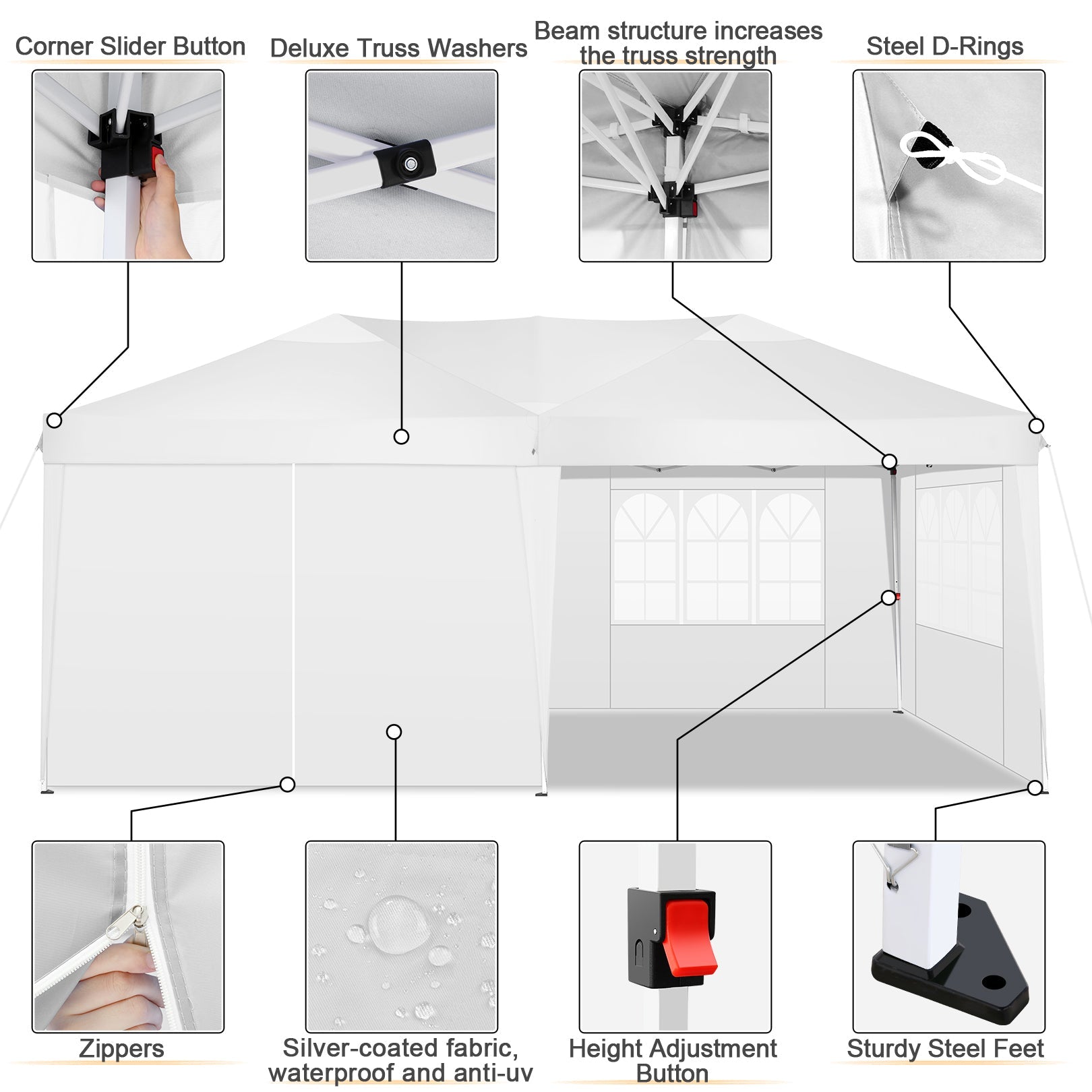 10' x 20' Outdoor Canopy Tent EZ Pop Up Backyard Canopy Portable Party Commercial Instant Canopy Shelter Tent Gazebo with 6 Removable Sidewalls & Carrying Bag for Wedding Picnics Camping, White