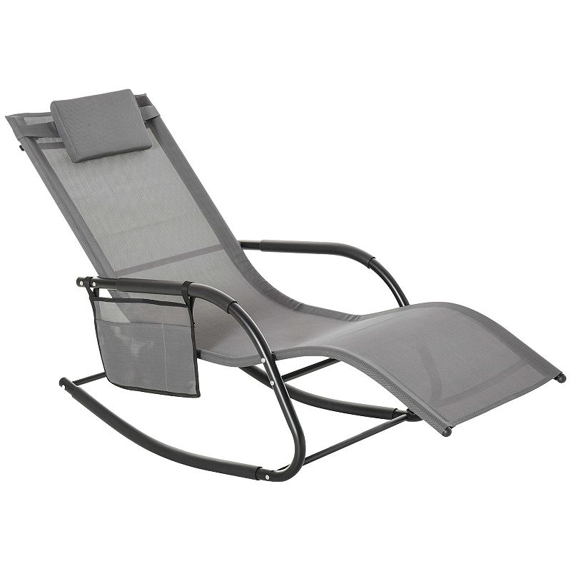 Outsunny Outdoor Rocking Recliner Sling Sun Lounger with Removable Headrest and Side Pocket for Garden Patio and Deck Black