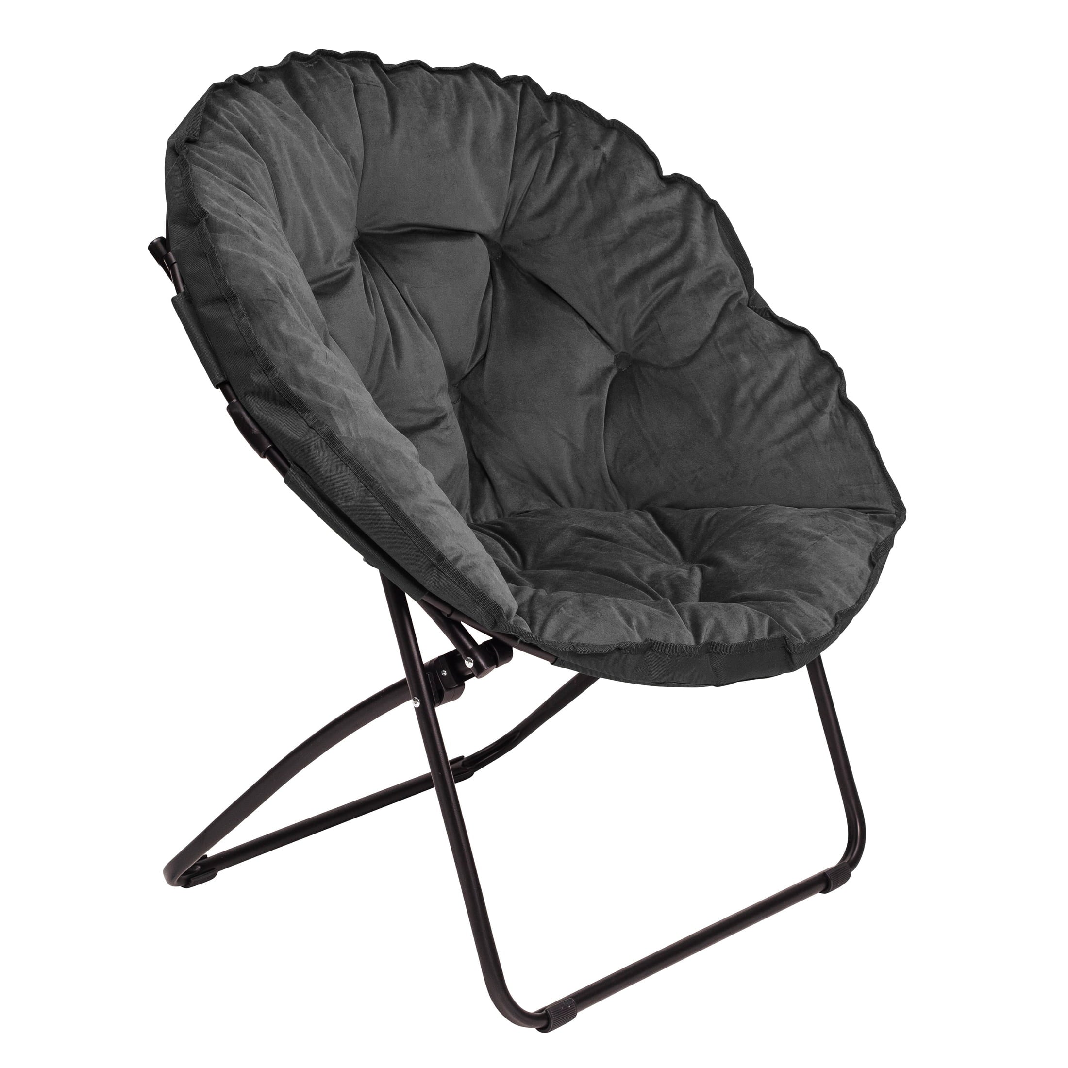 Zenithen Folding Round Chair with High Gloss Black Frame in Tufted Velvet Fabric, Black