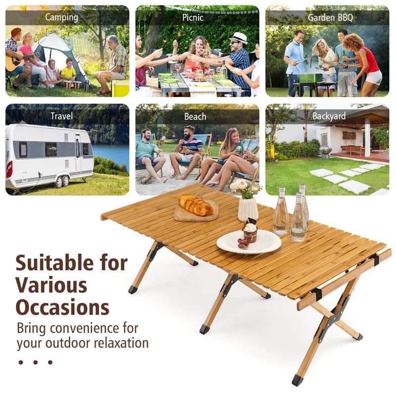 Folding Camping Table Portable Picnic Table with Carry Bag, Roll-up Bamboo Tabletop for BBQ Party Hiking