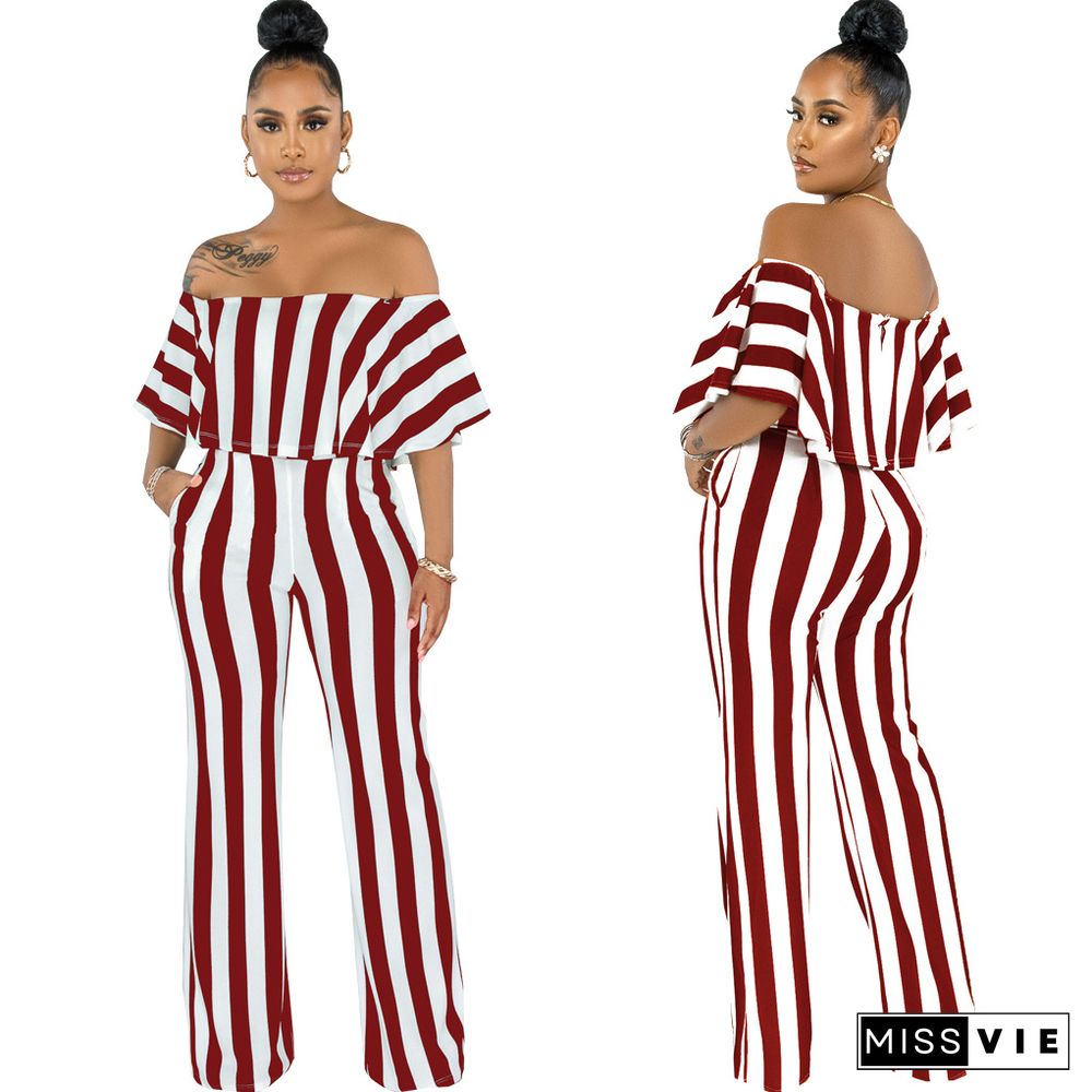 Striped Off Shoulder Wide Leg Jumpsuits