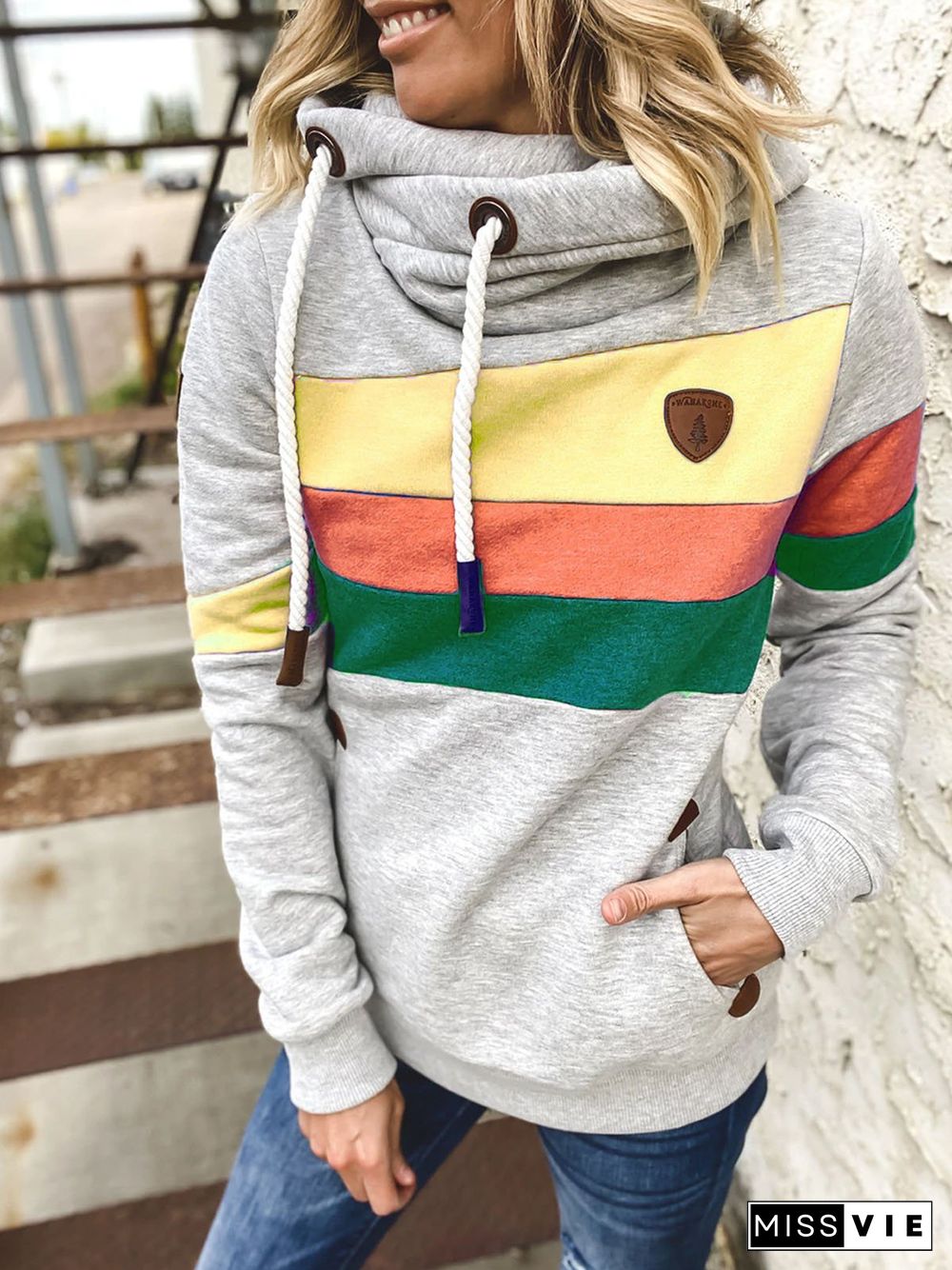 Light Gray Cotton-Blend Casual Patchwork Color-Block Sweatshirts