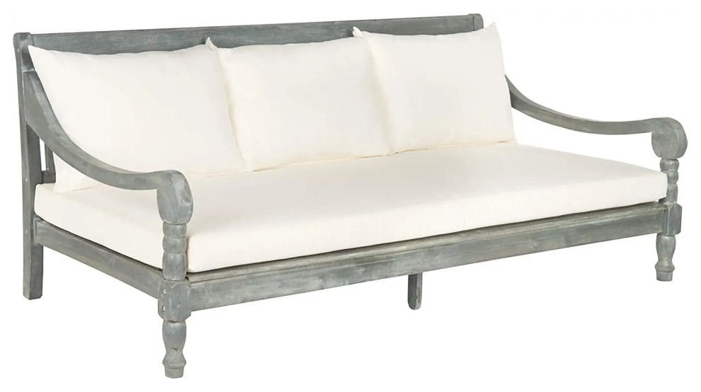 Patio Daybed Sofa  Carved Acacia Wood Frame  ampCushioned Seat   French Country   Outdoor Sofas   by Decor Love  Houzz