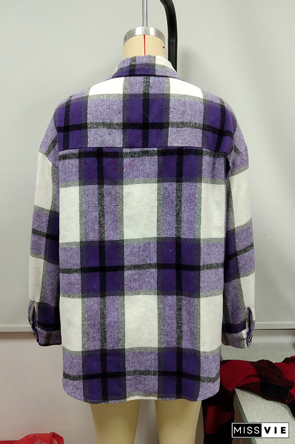 Plaid Double Pockets Turn-down Collar Shacket Jacket Women Wholesale