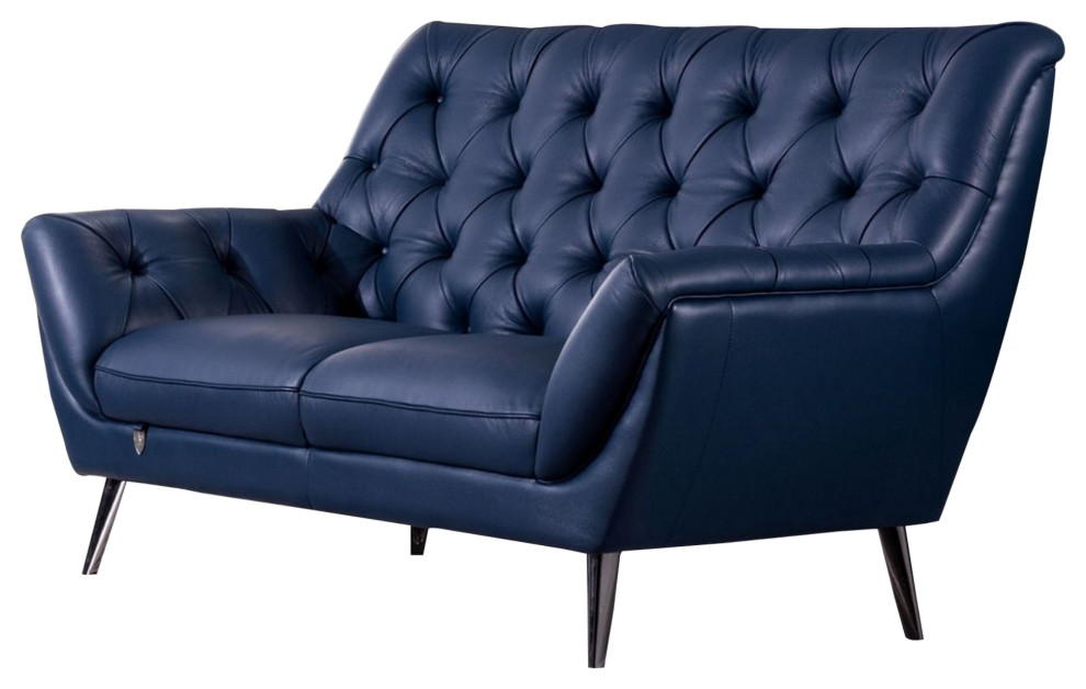 Contemporary Button Tufted Leather Loveseat With Metal Legs  Navy Blue   Midcentury   Loveseats   by VirVentures  Houzz