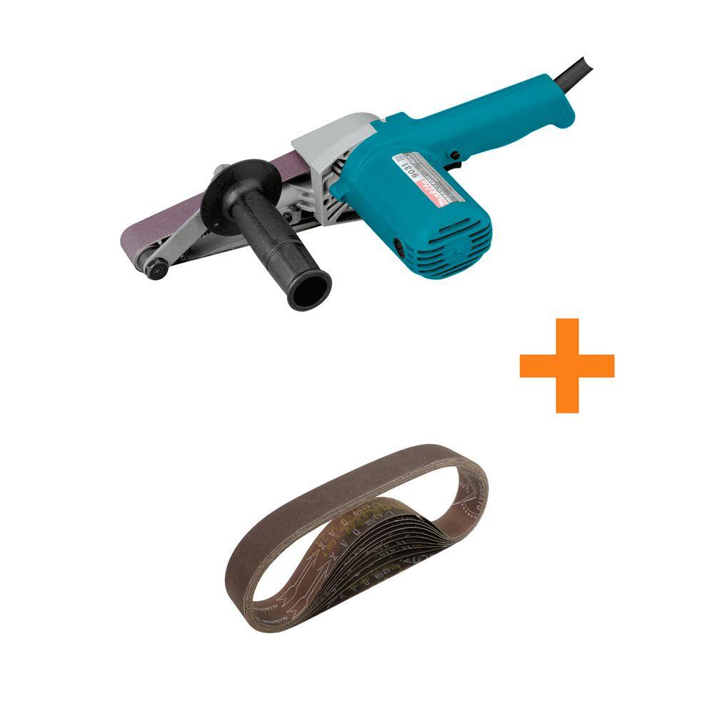 Makita 5 Amp Corded 1-18 in. x 21 in. Belt Sander with Bonus 1-18 in. x 21 in. 80-Grit Abrasive Belt 10-Pack 9031-742303-3