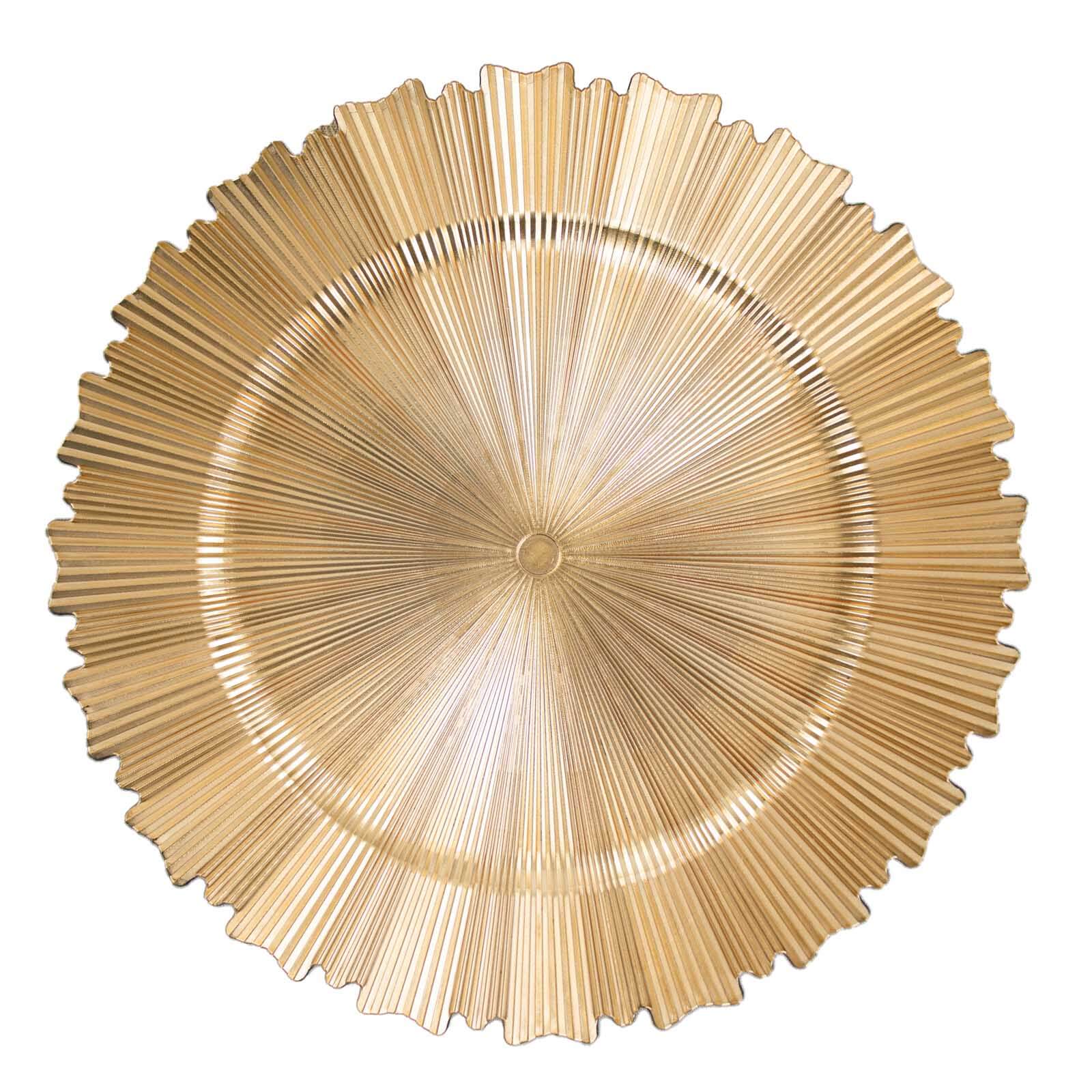 6 Pack Metallic Gold Sunray Acrylic Plastic Serving Plates, Round Scalloped Rim Disposable Charger Plates 13