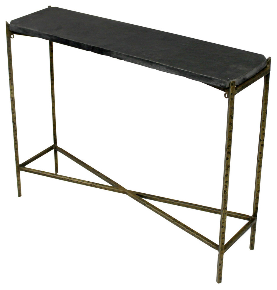 Orlando Asher Console Table With Stone Top and Textured Iron Base   Industrial   Console Tables   by Moti  Houzz