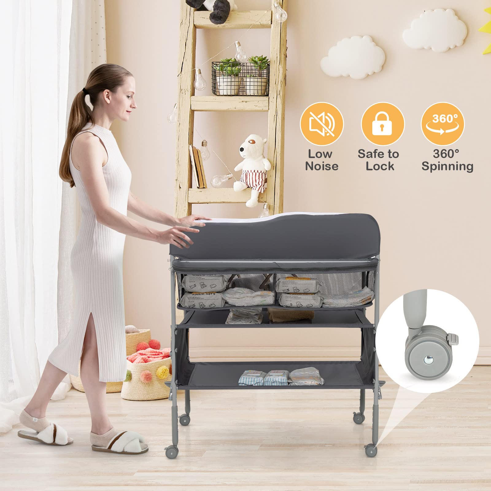 Costzon Portable Baby Changing Table, Foldable Infant Diaper Changing Station, Newborn Nursery Organizer w/ 4 Lockable Wheels