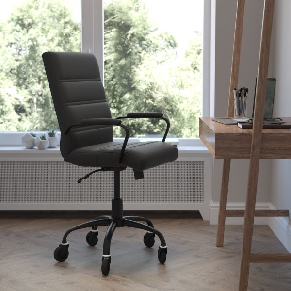 Camilia Mid-Back Black LeatherSoft Executive Swivel Office Chair with Black Frame， Arms， and Transparent Roller Wheels