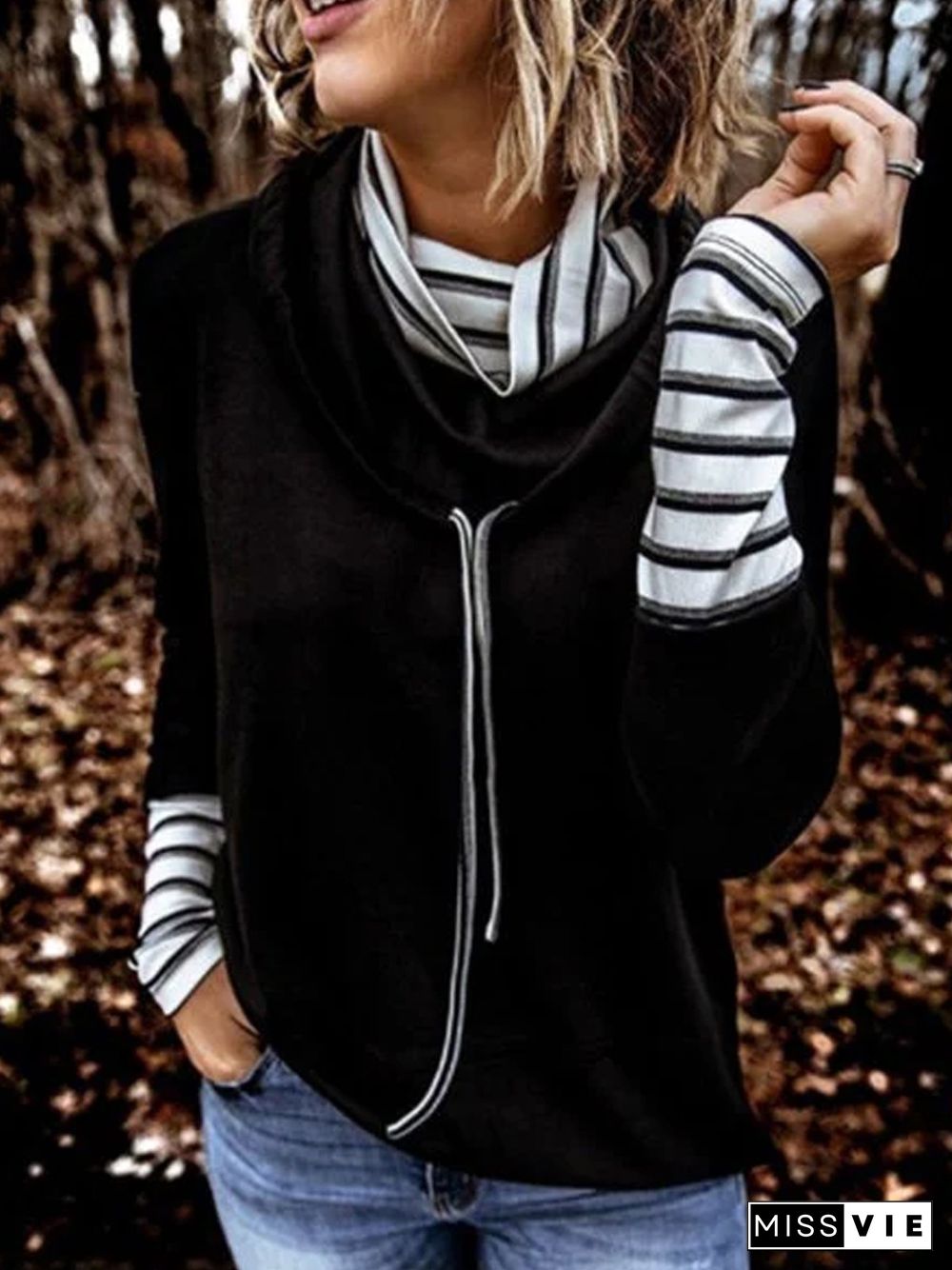 Black Stand Collar Stripes Long Sleeve Cotton-Blend Tops