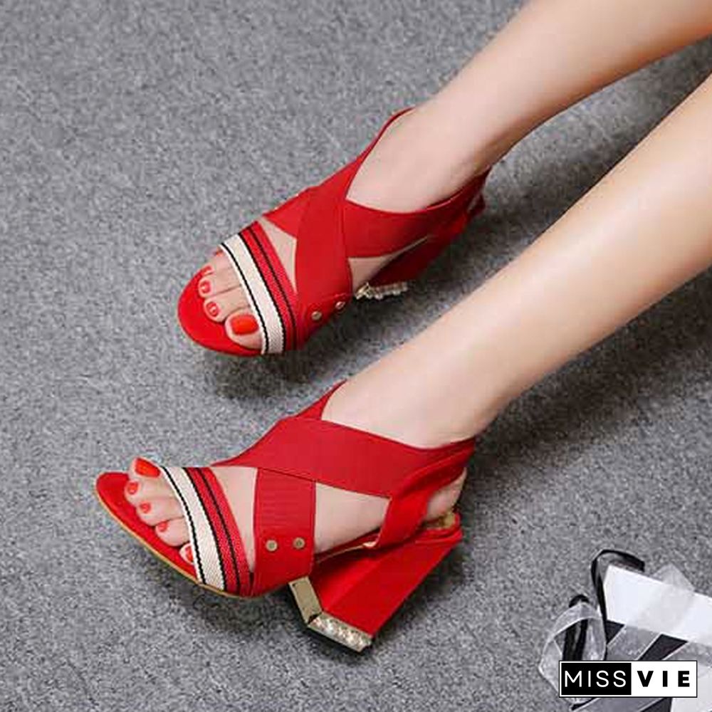 Women Open Toe Flock Sandals Square Heel Pumps Sandals