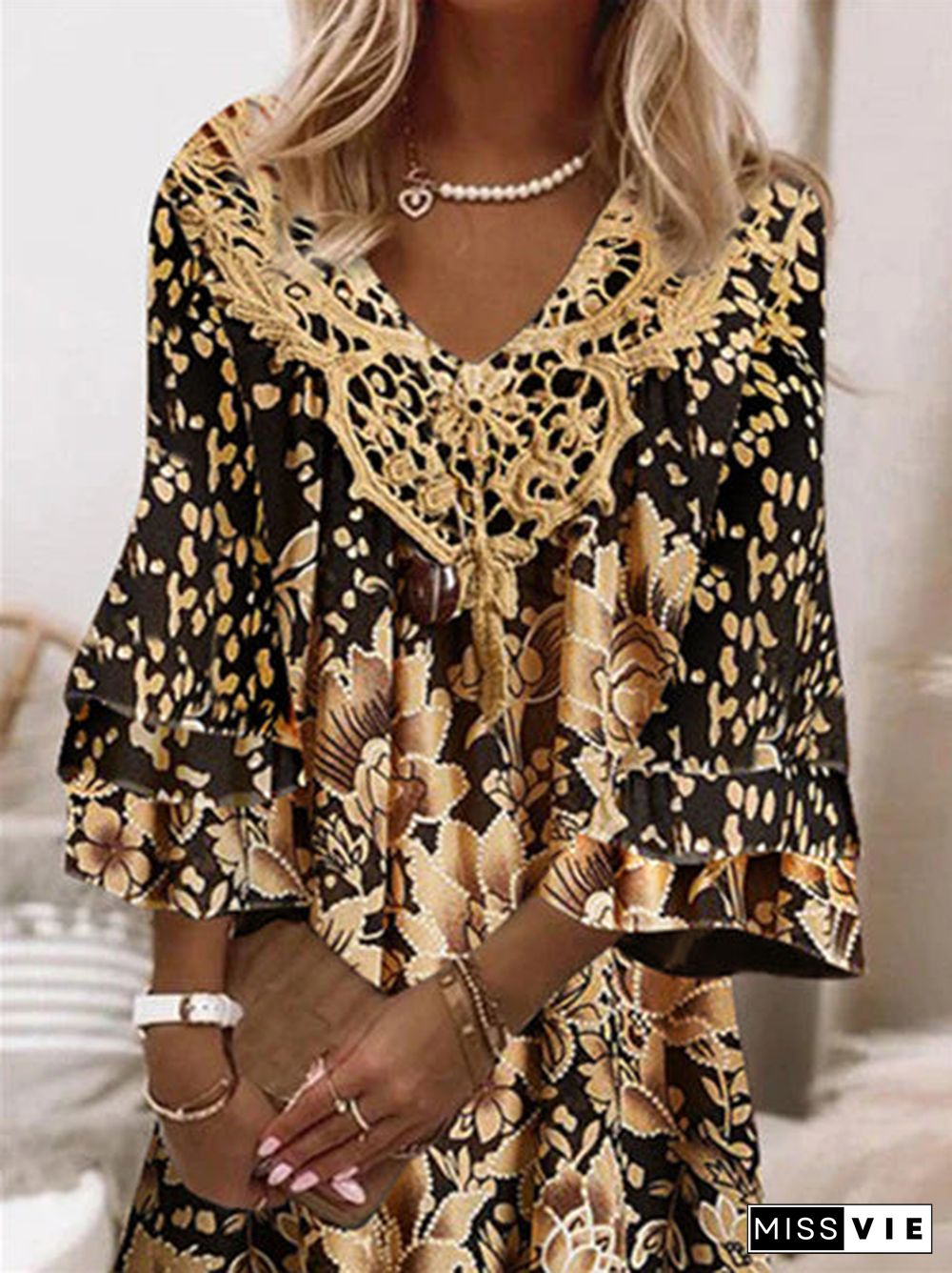 Women 3/4 Sleeve V-neck Floral Printed Graphic Mini Dress Women Dress