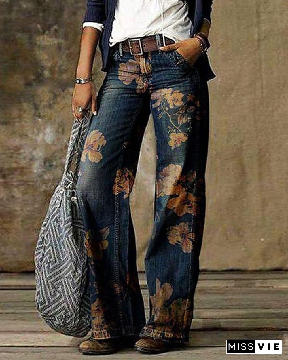 Blue Floral Casual Print Pants