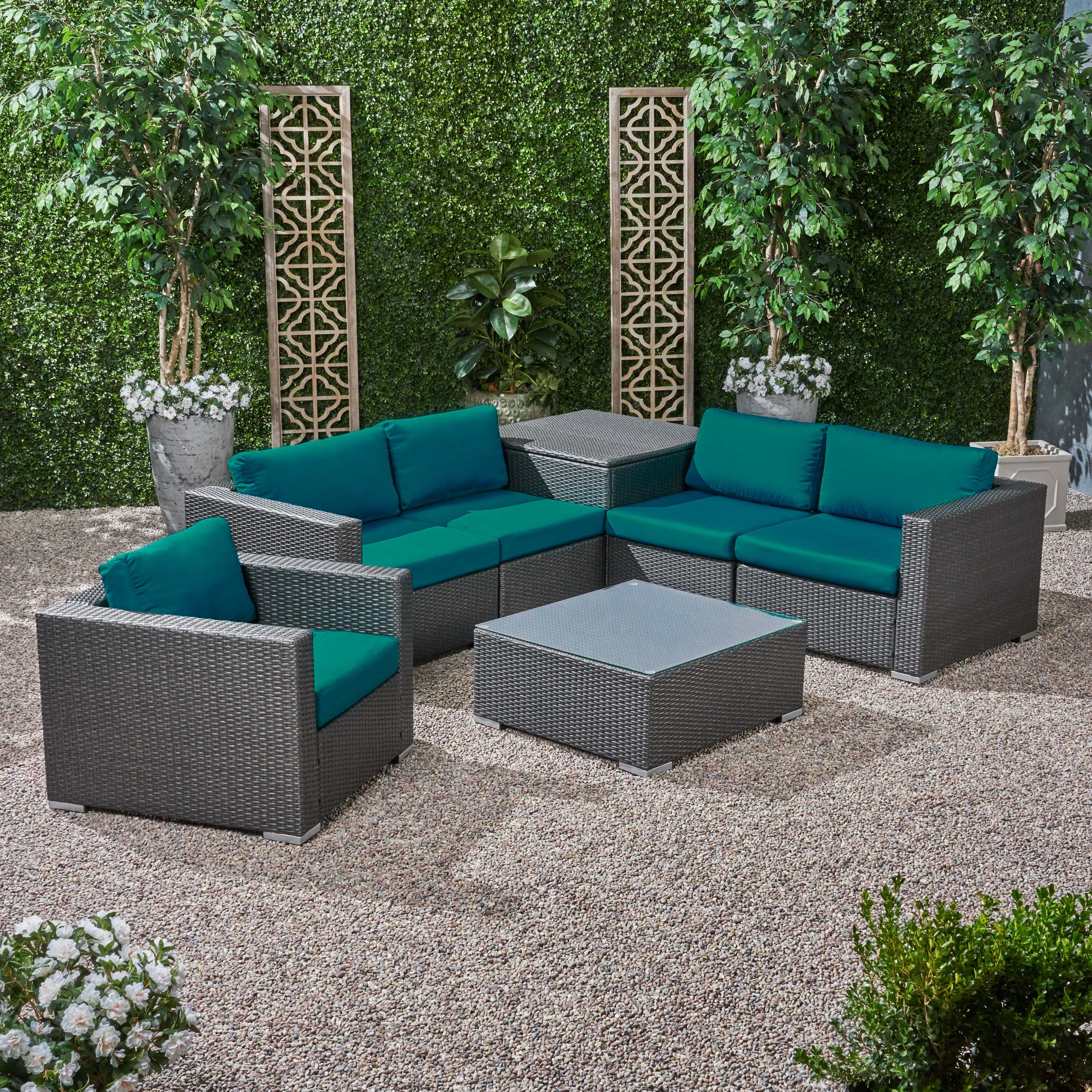 Kyra Outdoor 5 Seater Wicker Sectional Sofa Set with Storage Ottoman and Sunbrella Cushions