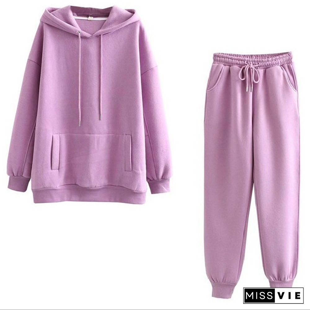 Casual Pure Color Draw String Hoodie Pants Set