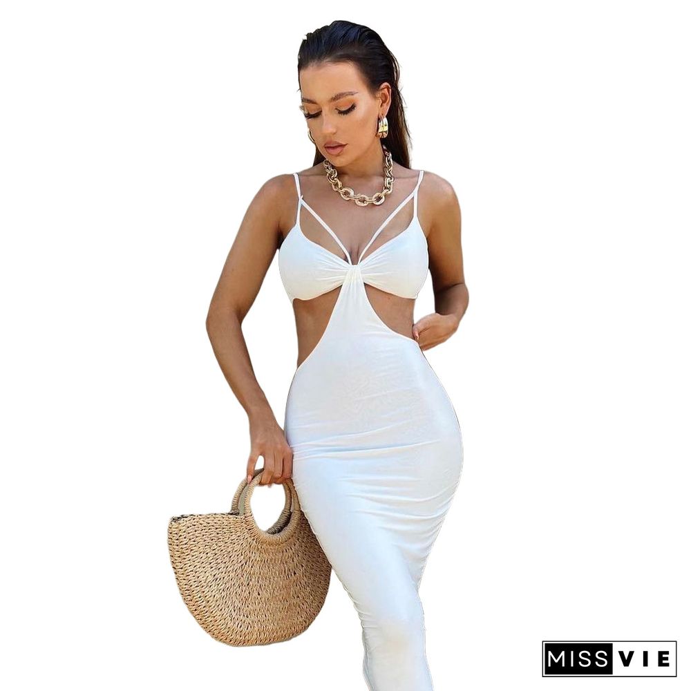 Summer Women Sexy Solid Color Spaghetti Strap V-Neck Hollow Out Backless Skinny Club Party Maxi Dress