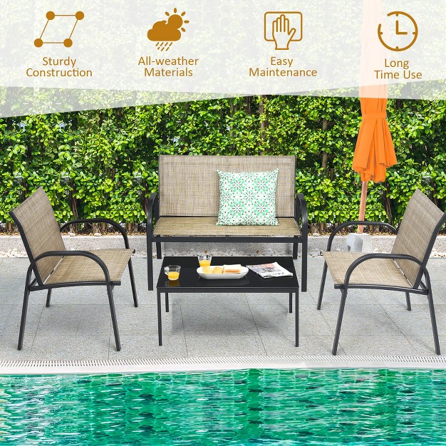 Costway 4 Pcs Patio Furniture Set Sofa Coffee Table Steel Frame Garden Brown