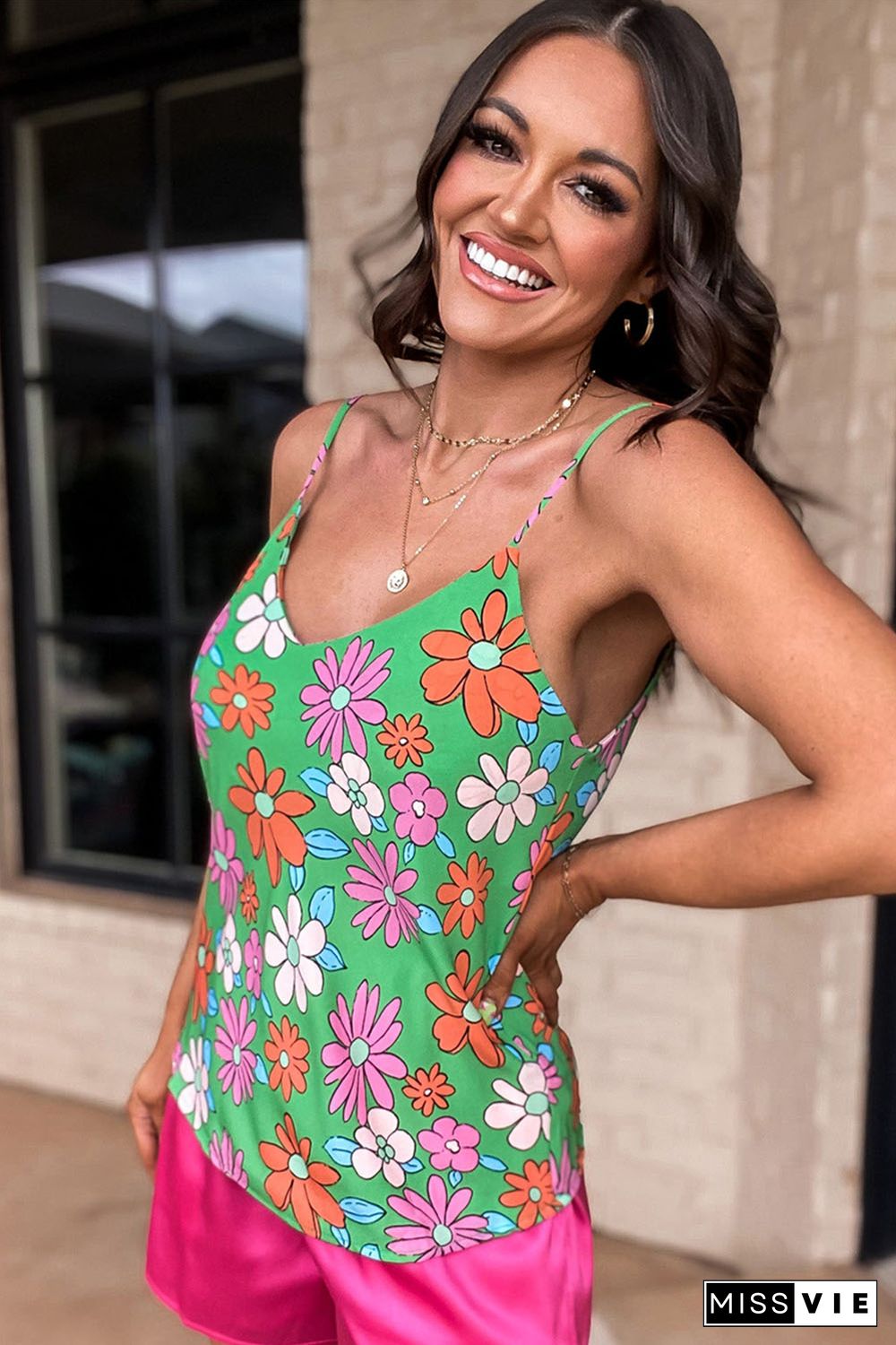 Green Adjustable Spaghetti Straps Floral Print Tank Top