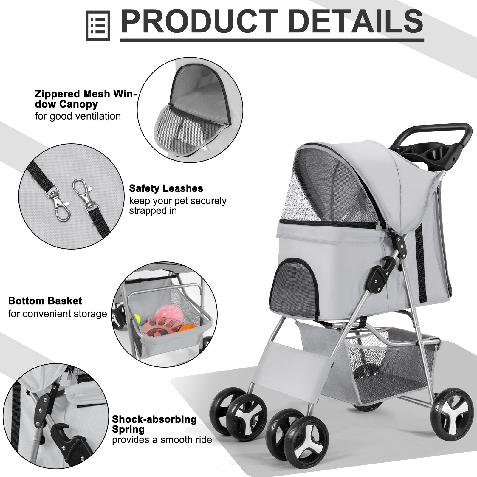 Pet Dog Stroller 4 Wheel Foldable Cat Dog Stroller with Storage Basket， Handle 360° Front Wheel Rear Wheel with Brake for Small Medium Dogs and Cats (Grey)