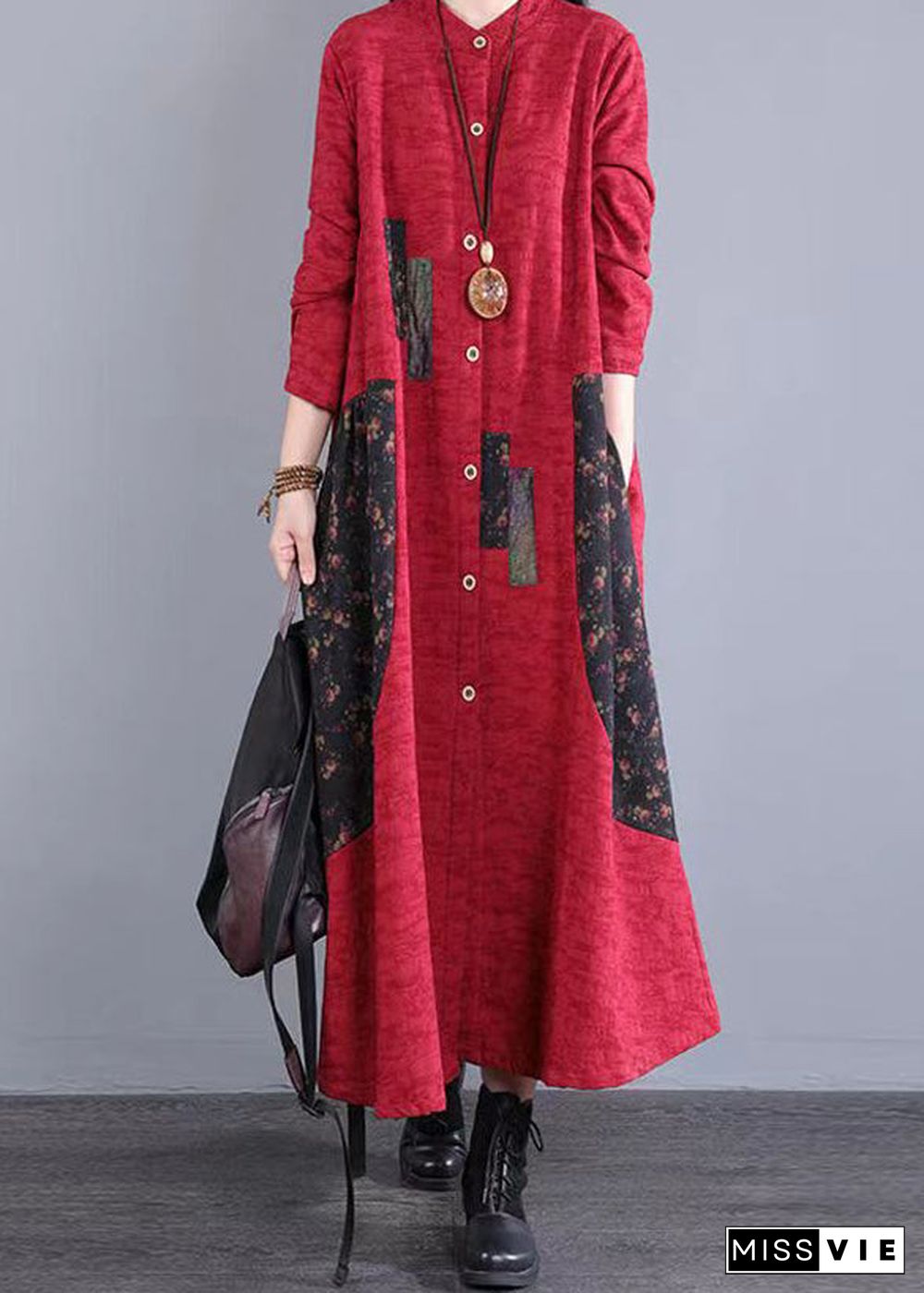 Red Print Pockets Patchwork Casual Cotton Long Dress Button Fall