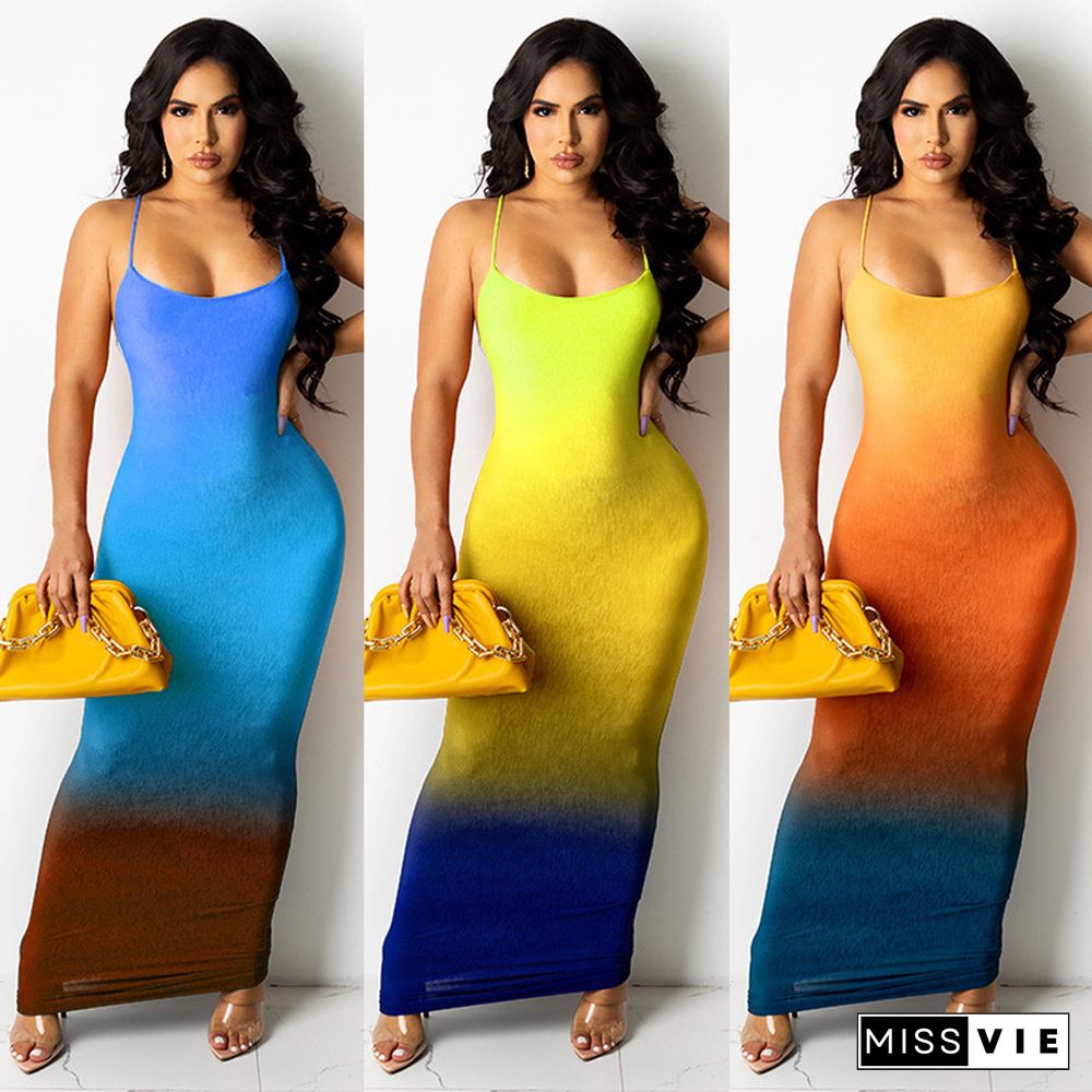 Sexy Summer Outfit Gradient Color Sleeveless Spaghetti Strap O-neck Strechy Bodycon Long Maxi Dresses