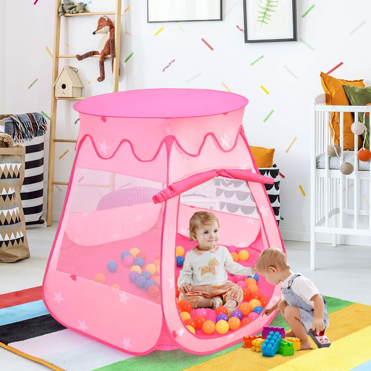 Costzon Princess Pop Up Tent w/ 100 Balls Included, Foldable Portable Children Play Tent with Carrying Bag