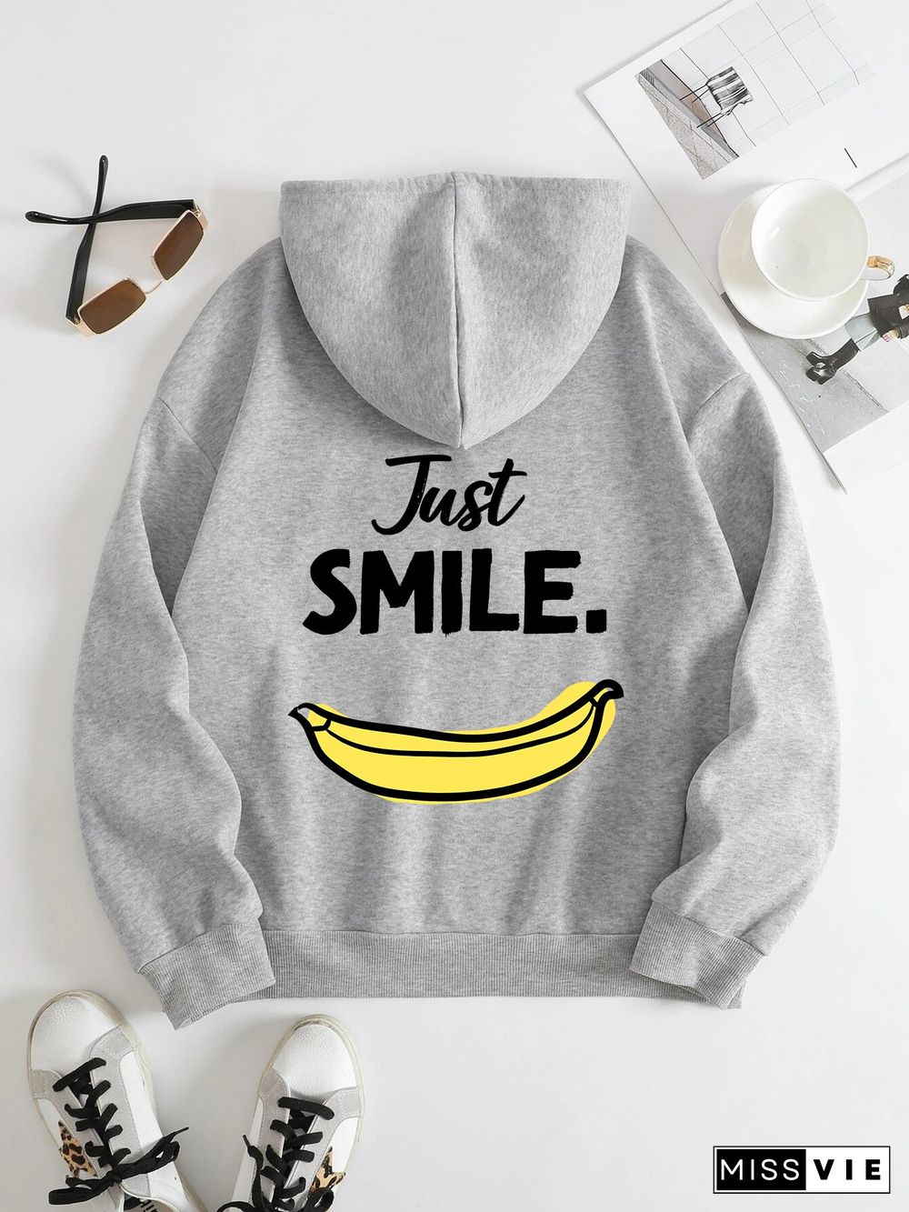 Printed on the Back Kangaroo Pocket Hoodie Long Sleeve for Women Pattern Just Smile