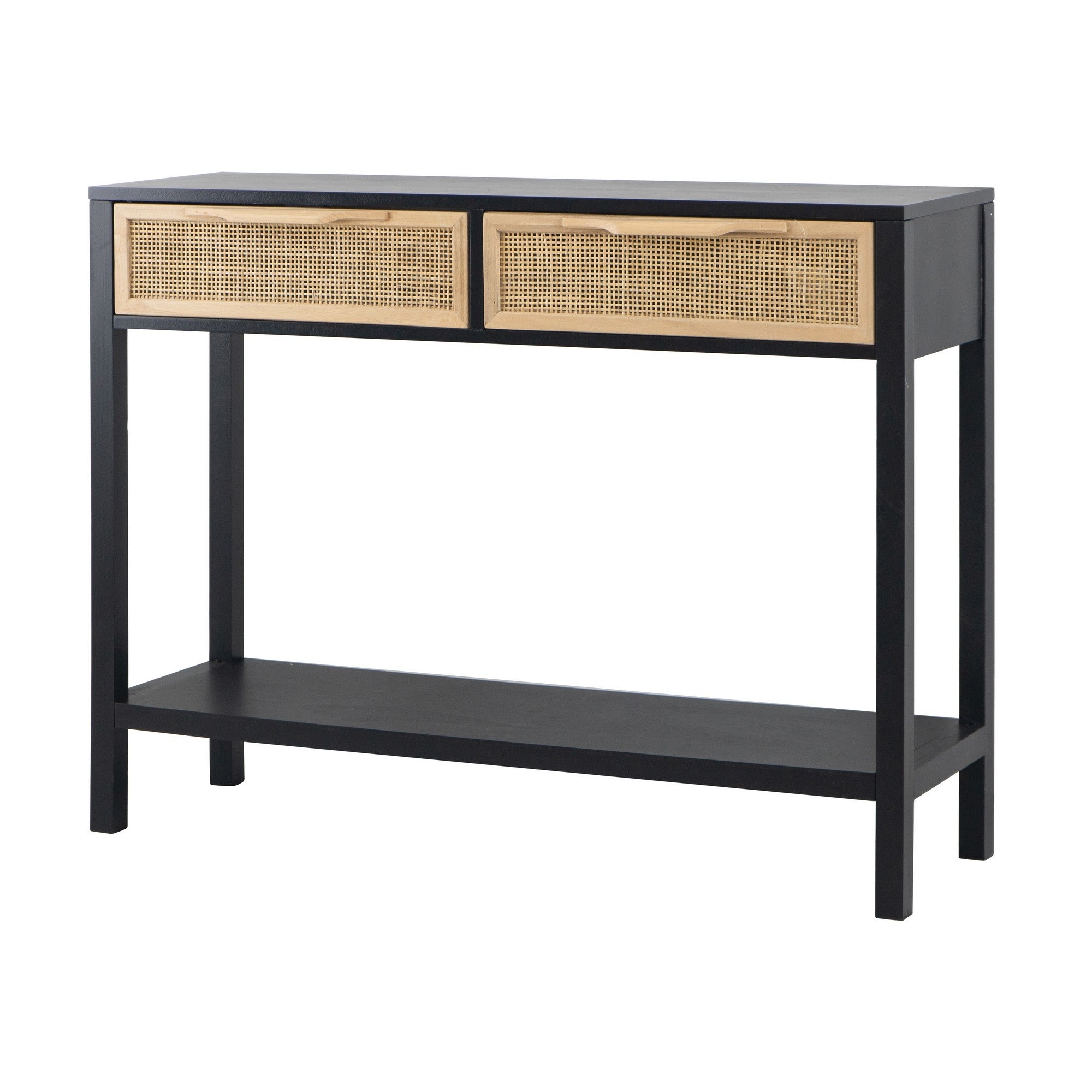 Dana 39 Inch Sofa Console Table， 2 Rattan Drawers， Black Finish， Brown