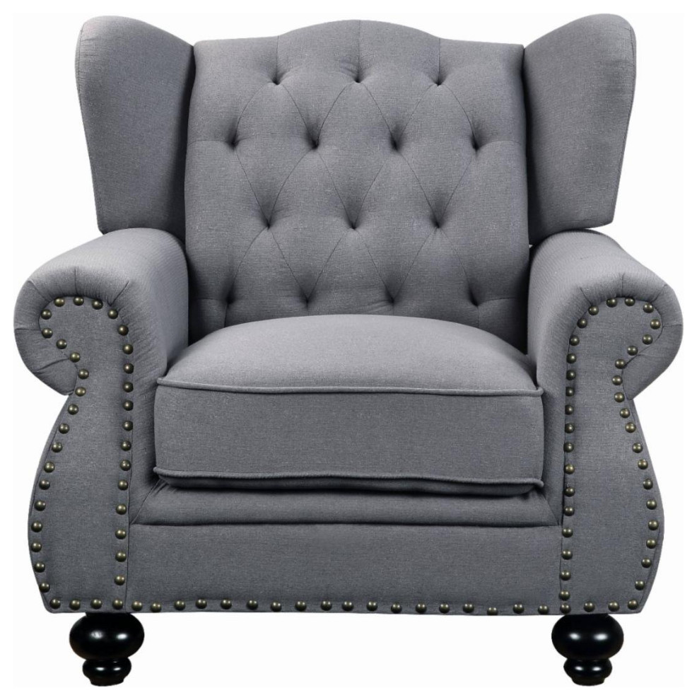 Classic Accent Chair  Bun Feet With Padded Seat and Button Tufted Wingback  Gray   Traditional   Armchairs And Accent Chairs   by Declusia  Houzz