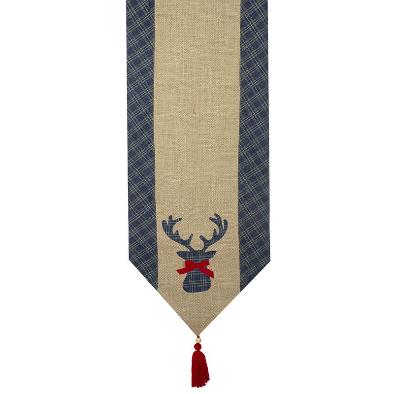 80 Blue and Brown Burlap and Plaid Reindeer Christmas Table Runner