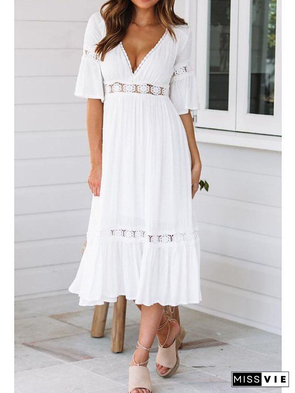 Women's Swing Dress Midi Dress - Half Sleeve Solid Colored Summer Spring & Summer V Neck Hot Beach vacation dresses Flare Cuff Sleeve White S M L XL / Sexy