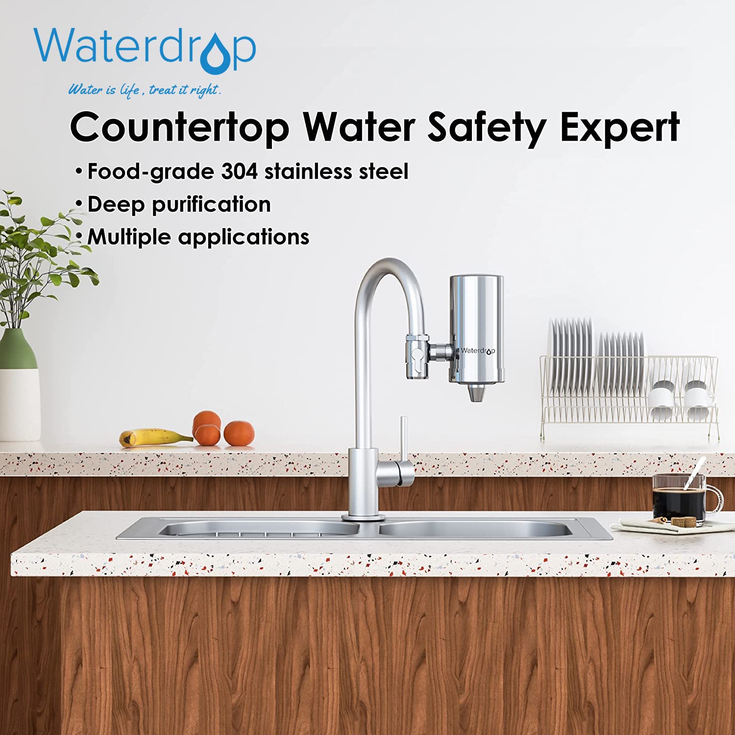 Waterdrop WD-FC-06 NSF Certified Stainless-Steel Faucet Water Filter, Carbon Block Water Filtration System, Tap Water Filter, Reduces Chlorine, Heavy Metals and Bad Taste (1 Filter Included)