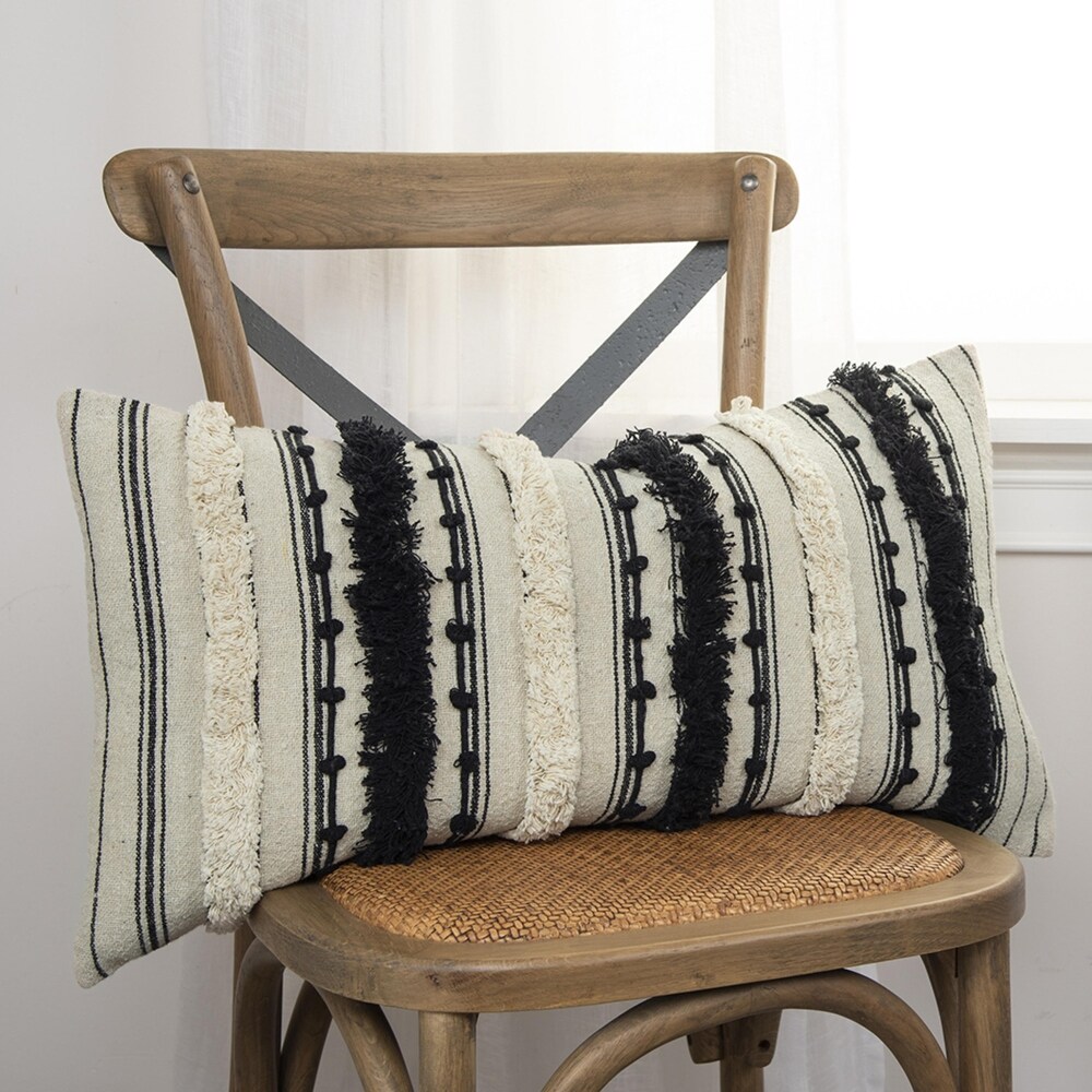 Natural / black Stripe Textured Cotton Pillow Cover