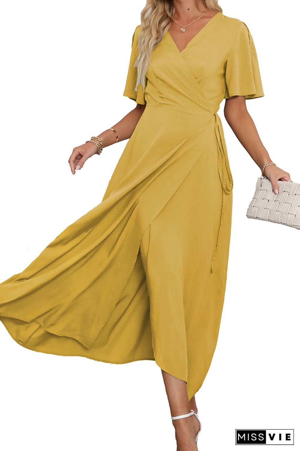 Plain Wrap V Neck Side Split With Sash Maxi Dress