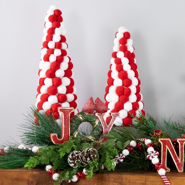 Red And White Candy Cane Pom Pom Christmas Tree Table Decoration