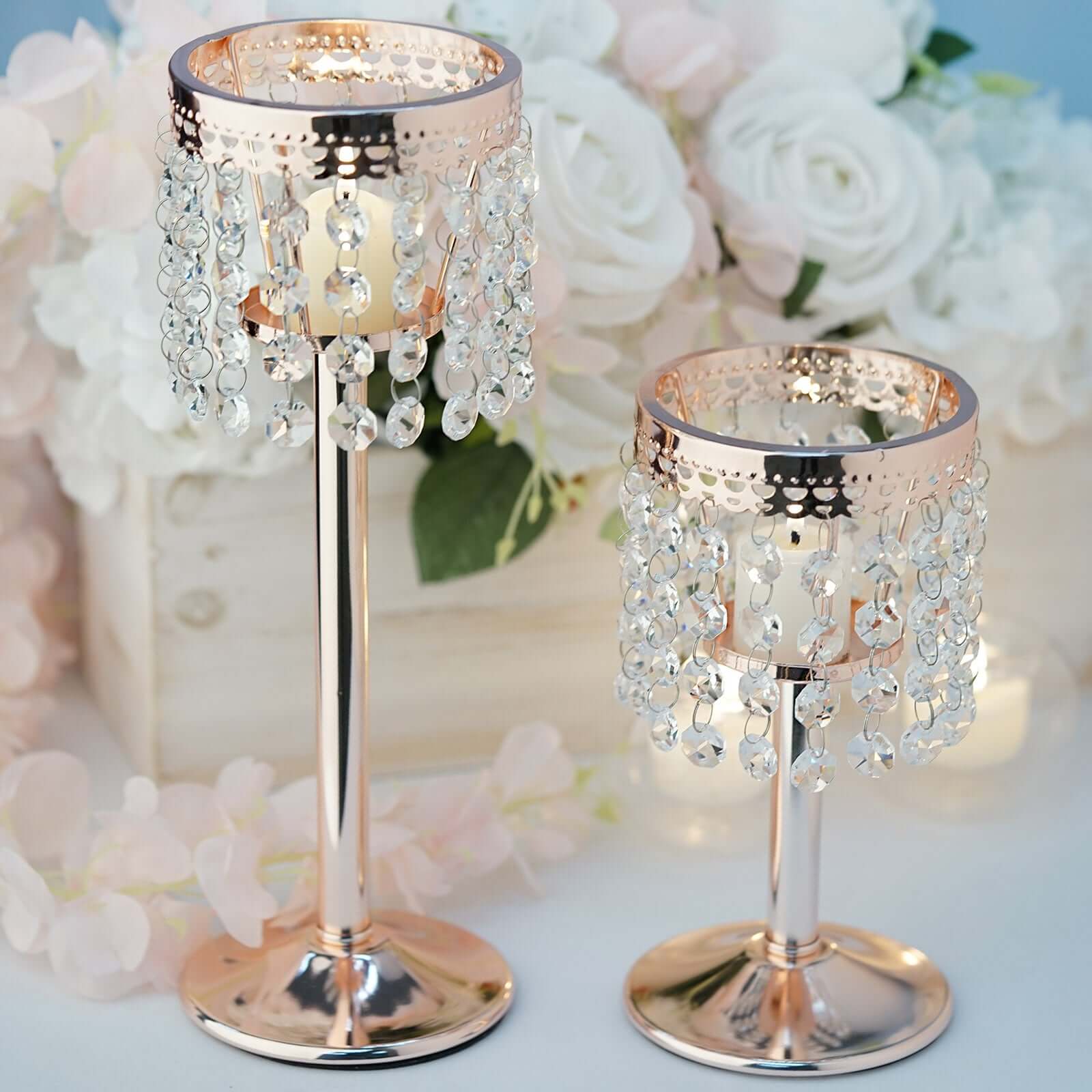 Rose Gold Crystal Beaded Chandelier Votive Pillar Candle Holder, Metal Tealight Candle Stand 12