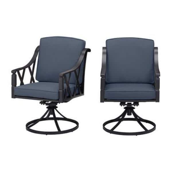 Hampton Bay Harmony Hill Black Steel Outdoor Patio Motion Dining Chairs with CushionGuard Sky Blue Cushions