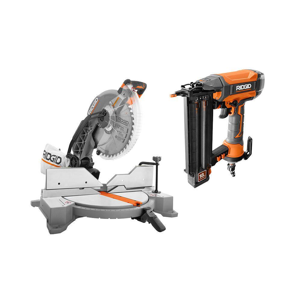 RIDGID 15 Amp Corded 12 in. Dual Bevel Miter Saw with LED and Pneumatic 18-Gauge 2-18 in. Brad Nailer with Tool Bag R4123-R213BNF