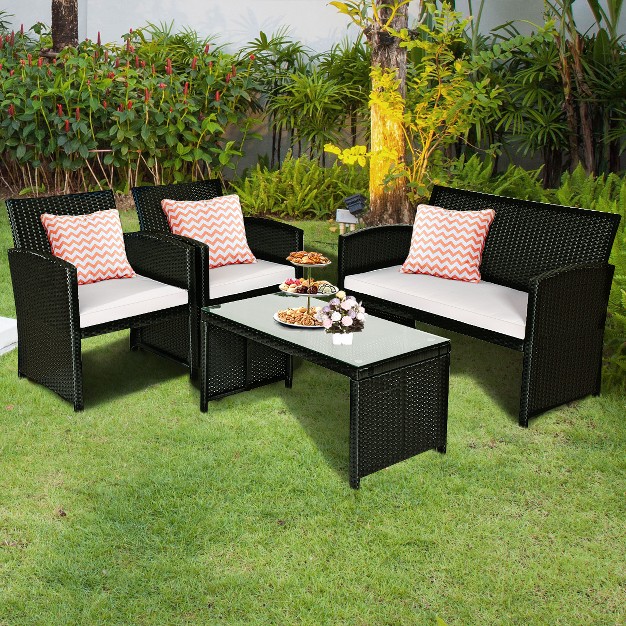 Tangkula 4 Piece Outdoor Patio Rattan Furniture Set Black Wicker Cushioned Seat For Garden Porch Lawn