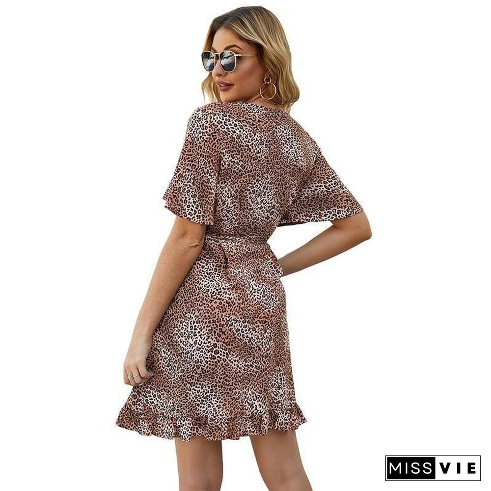 Summer Leopard Dress Women Short Party Dress Ladies Ruffles Slim Print Dress Female Beach Dress Sexy Mini Dresses for Women