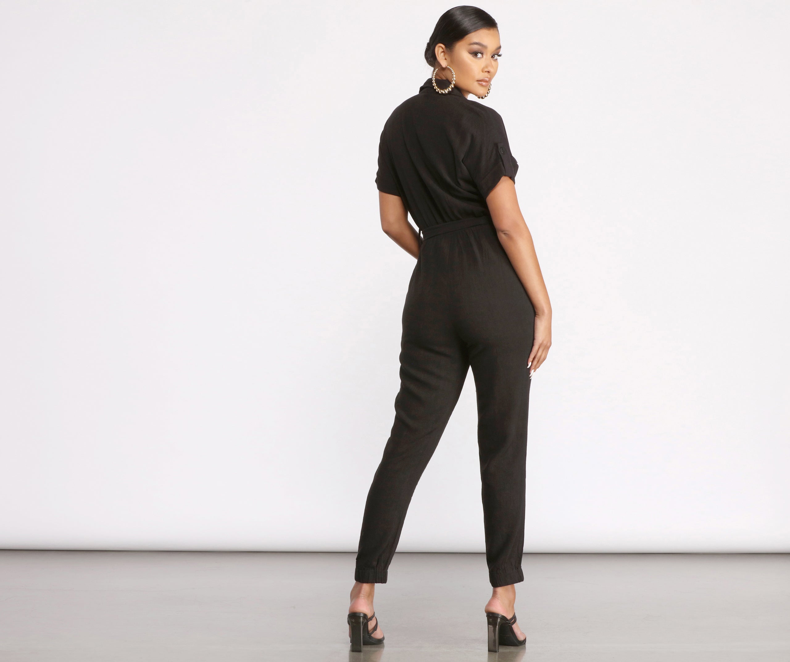 Short Sleeve Tie Waist Utility Jumpsuit