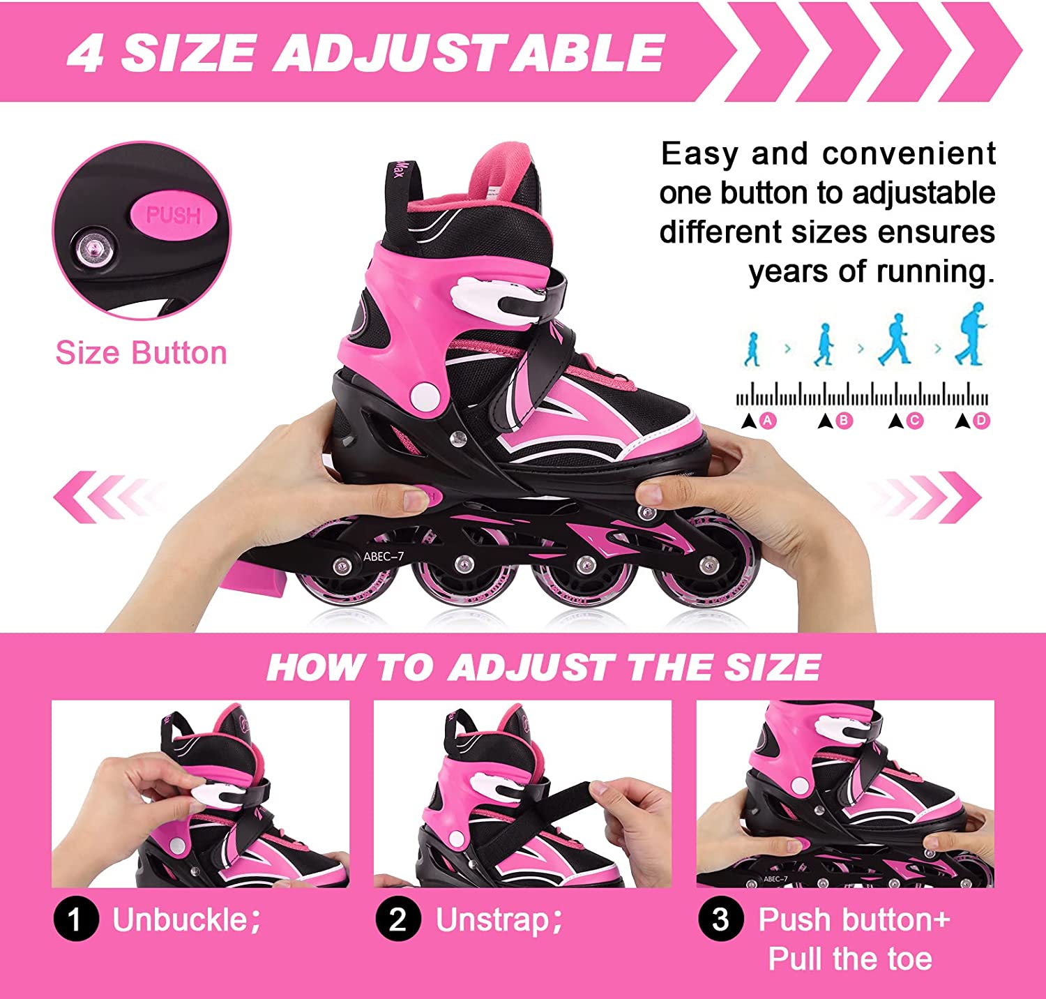 Inline Skates for Kids Girls Boys with Full Light Up Wheels， Adjustable Roller Blades for Youth Beginner Adults Indoor Outdoor (Pink Small)